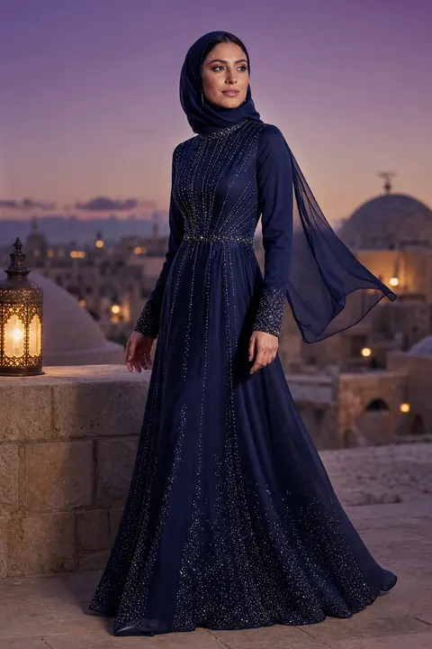 Midnight Blue Modest Evening Gown