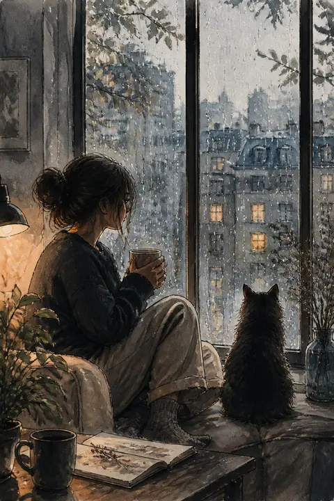Ink and Watercolor: Quiet Rainy Apartment Window