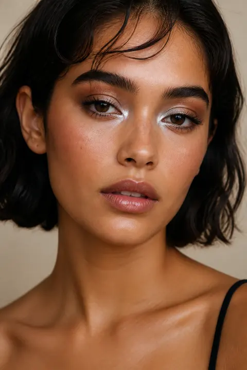 Silver Inner-Corner Highlight: Olive Skin and Dark Bob
