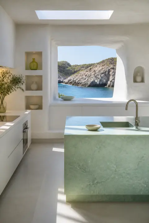 White Greek Kitchen with a Sea-View Arch