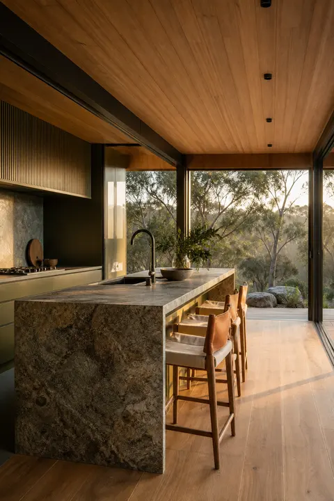 Bushland Kitchen with Timber Ceilings and Stone