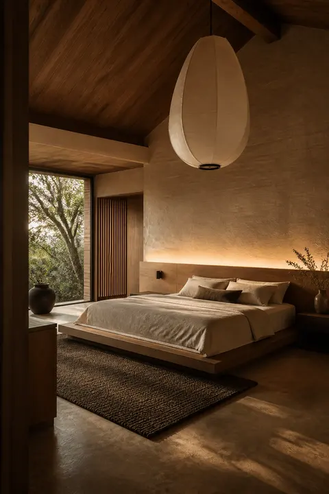 Warm Japandi Bedroom with Platform Bed and Pendant