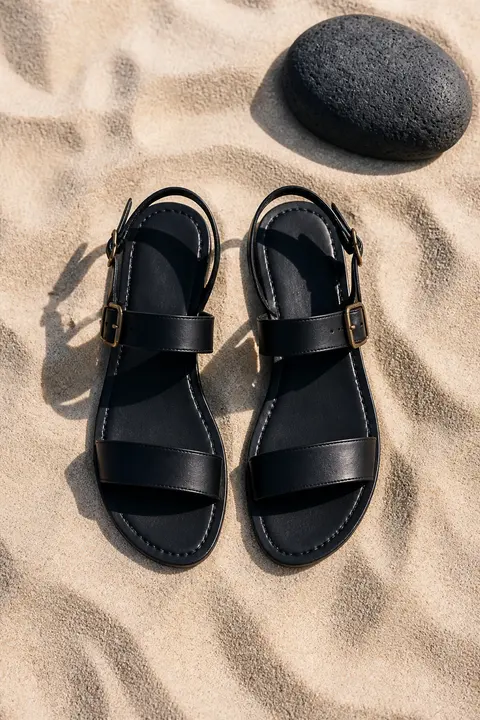 Minimal Black Leather Sandals on Sand
