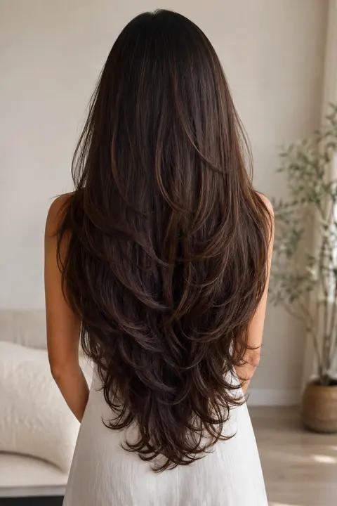 Extra-Long Dark Hair with Soft Feathered Layers