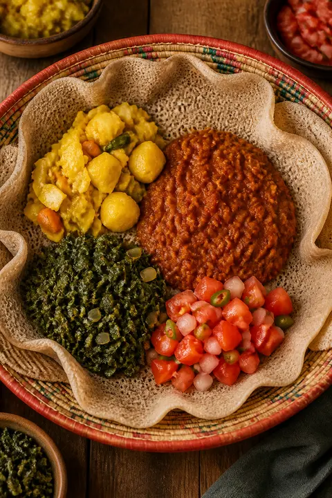Ethiopian Misir Wot and Vegetables on Injera