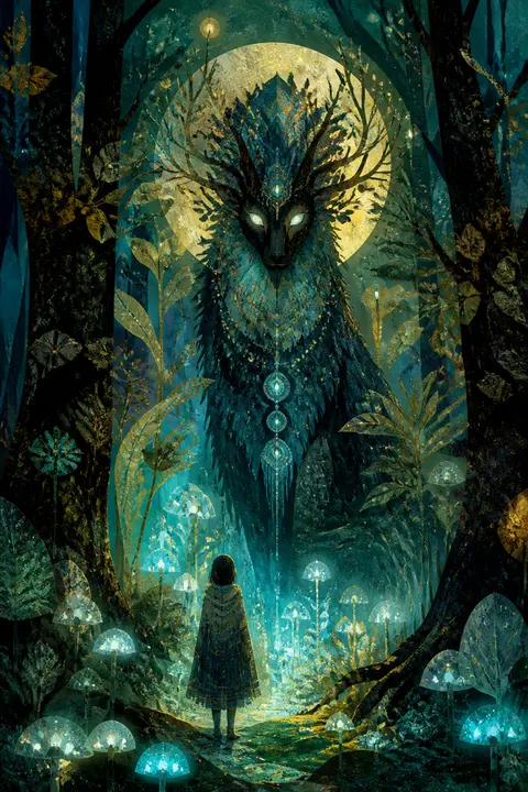 Digital Collage of Bioluminescent Forest Guardian