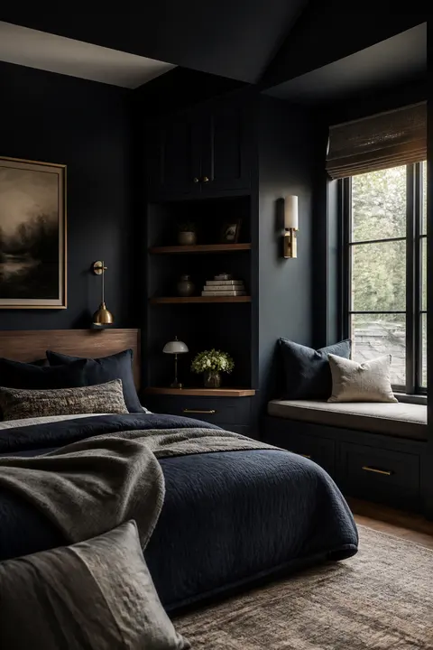 Window Seat Storage in Moody Navy Bedroom