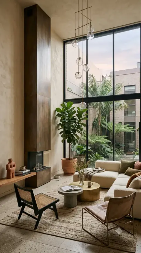 Bronze Fireplace Living Room With Courtyard Garden
