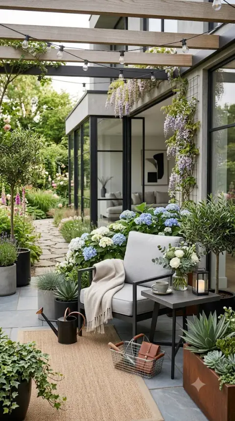 Modern Covered Patio With Wisteria and Hydrangeas