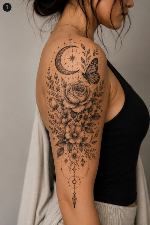 Butterfly and Rose Shoulder Tattoo with Crescent Moon