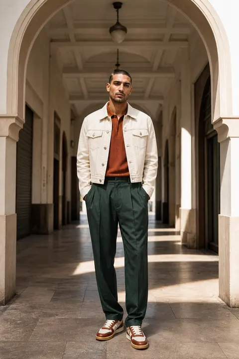 Ivory Trucker Jacket with Forest Green Trousers