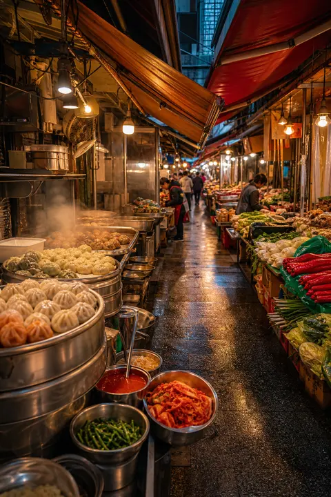 Seoul Food Market Under Warm Evening Lights