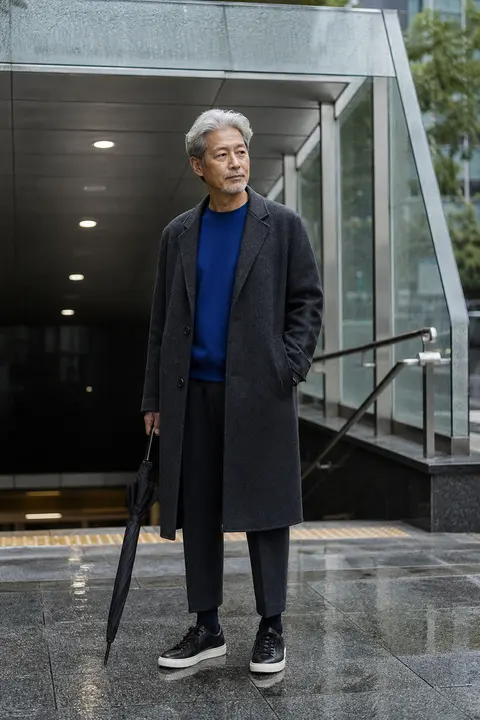 Charcoal Overcoat with a Cobalt Knit