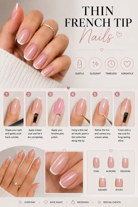 Thin French Tip Nails with Soft Pink Base and White Tips