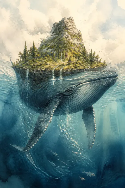 Whale Carrying a Miniature Island in Ink and Watercolor