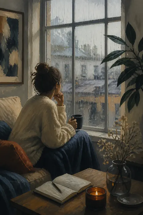 Quiet Rainy Apartment Window in Gouache