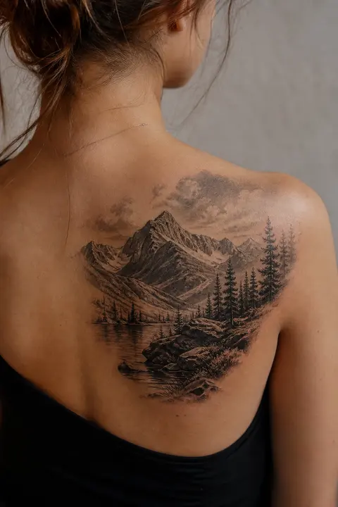 Realistic Mountain Landscape Tattoo: Shoulder Blade