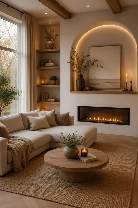 Warm Neutral Living Room with an Illuminated Arch Fireplace