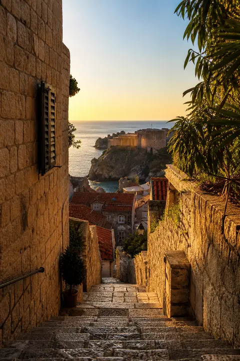 Dubrovnik Stone Lane by Sea at Golden Hour
