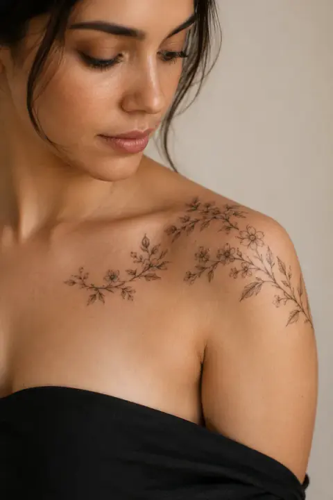 Fine-Line Floral Collarbone and Shoulder Tattoo