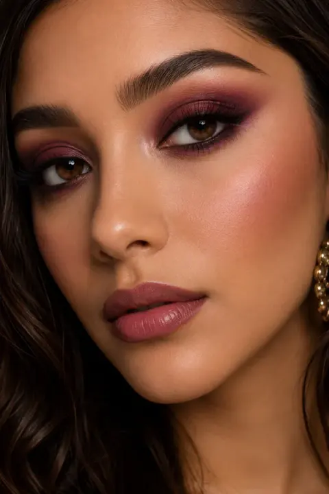 Plum Smoky Eye Makeup with Soft Matte Rose Lips