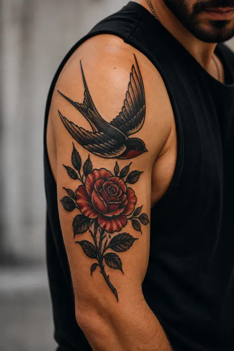 Upper Arm Traditional Swallow and Rose Tattoo