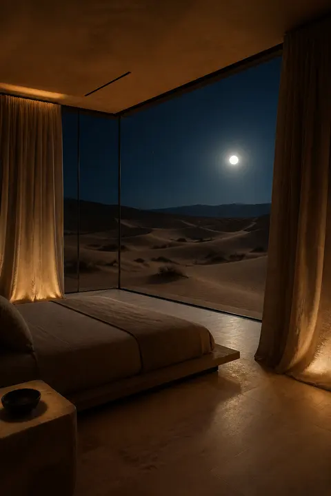 Moonlit Desert Bedroom Behind Glass Walls