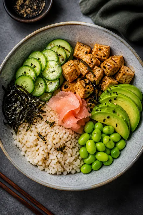 Vegan Sushi Bowl with Sesame Tofu