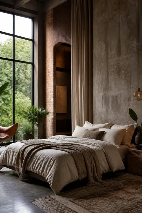Industrial Loft Bedroom: Linen Bedding and Rug