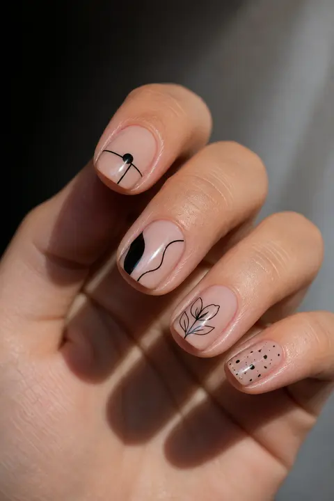 Black Line Art on Nude on Short Natural Round Nails