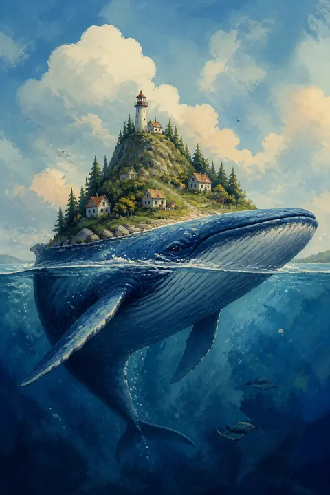 Gouache: Whale Carrying a Miniature Island