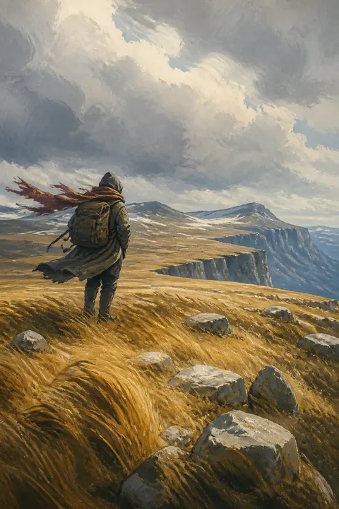 Gouache: Traveler Crossing a Windy Plateau