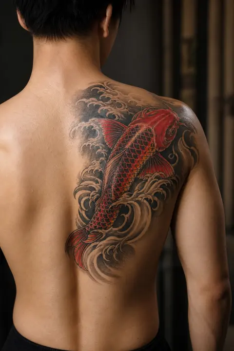 Japanese Koi and Waves Tattoo: Shoulder Blade Placement