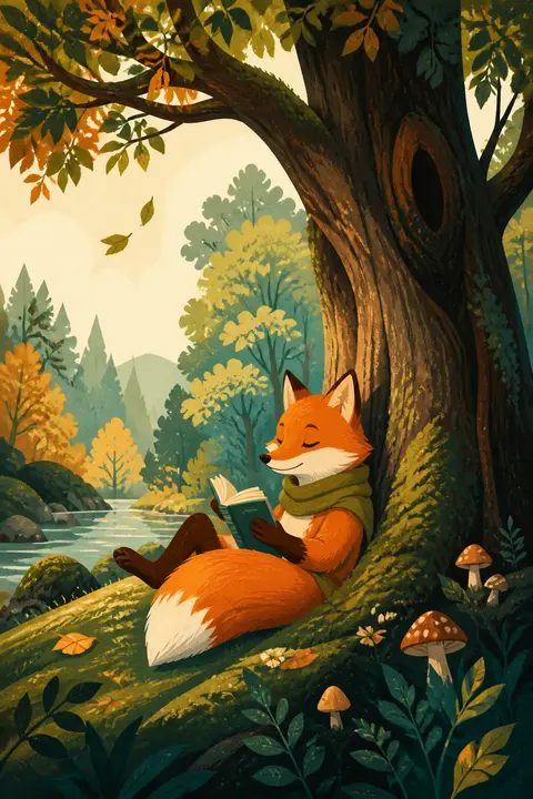 Textured Flat Art: Fox Reading beneath an Old Tree