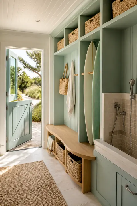 Sage Green Mudroom with a Dog Wash