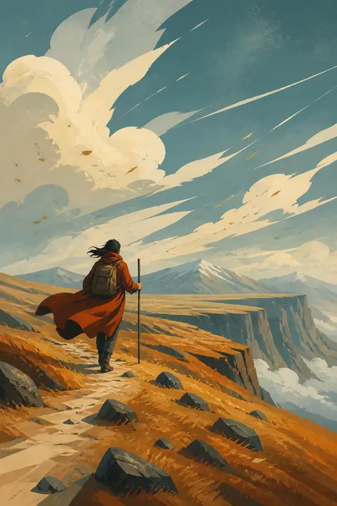 Textured Flat Art: Traveler Crossing a Windy Plateau