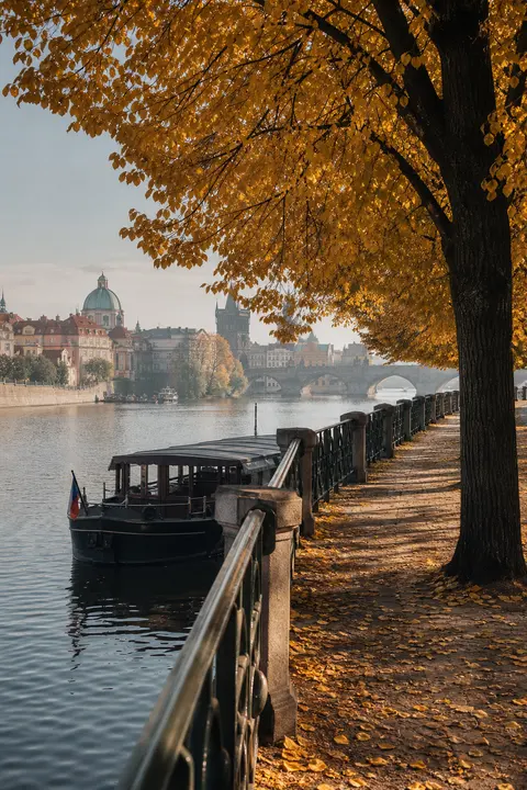 Prague Riverside in Autumn on a Quiet Morning