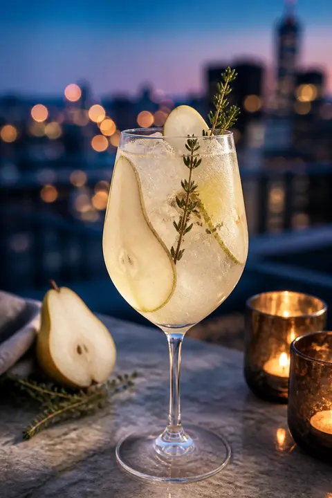 Blue-Hour Rooftop Pear and Thyme Fizz