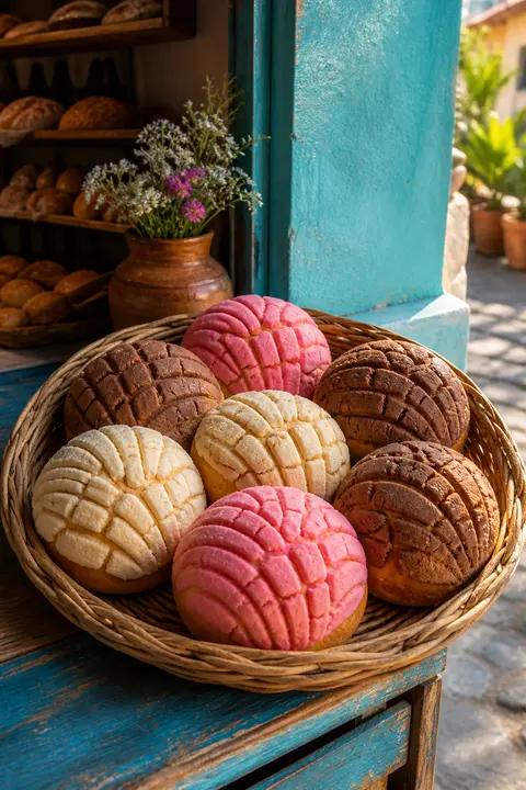 Colorful Mexican Conchas in a Market Basket