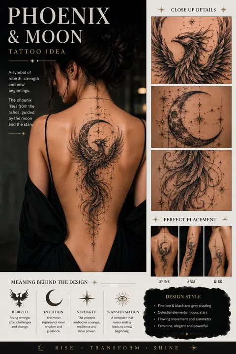 Phoenix and Moon Spine Tattoo with Celestial Details