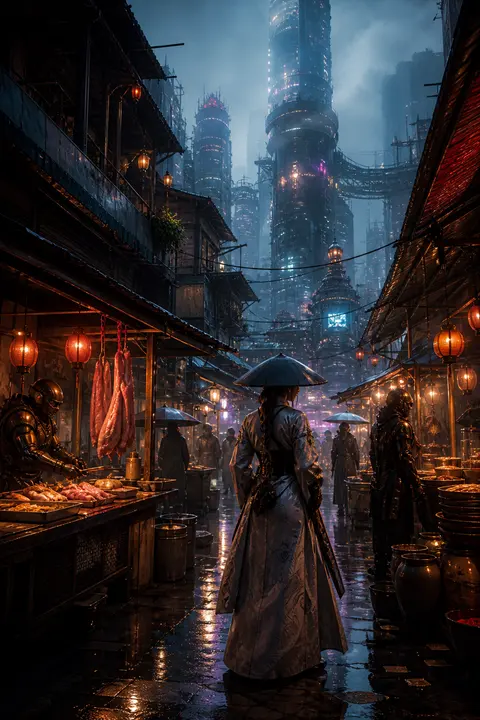 Cyberpunk Rainy Market in 3D Render