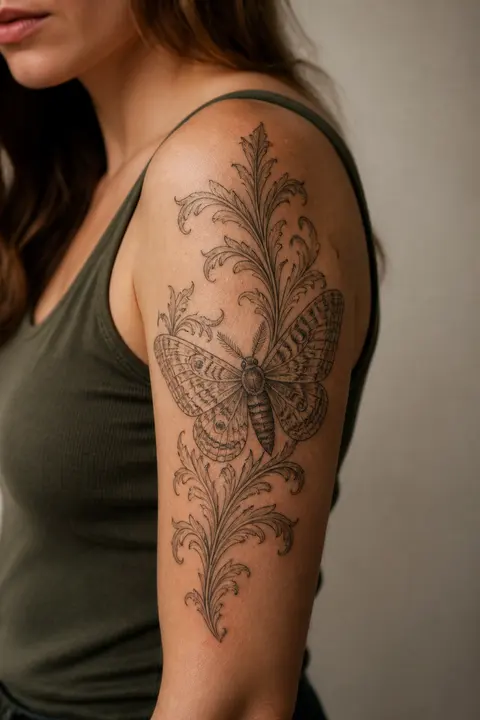 Upper Arm Engraving-style Moth Tattoo