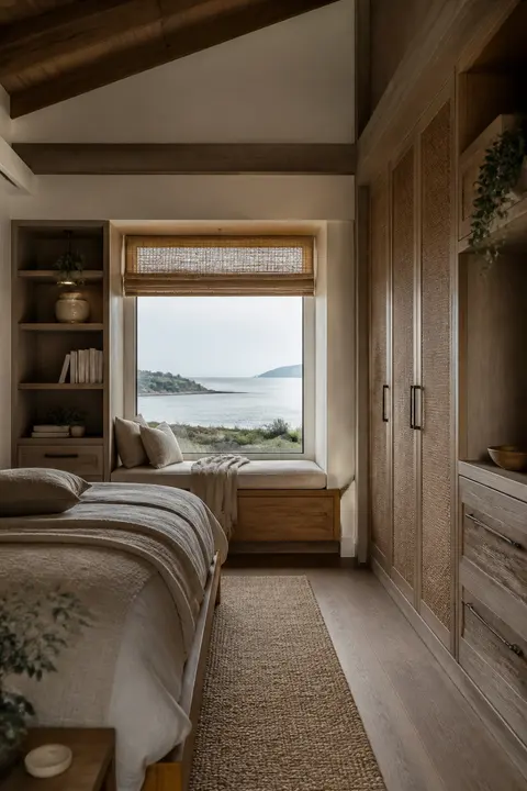 Window Seat Storage in Coastal Organic Bedroom