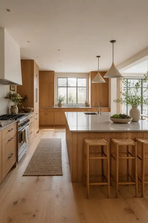 Large Island Seating in Oak Scandinavian Kitchen