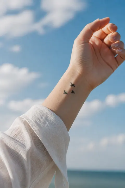 Three Tiny Flying Birds Wrist Tattoo