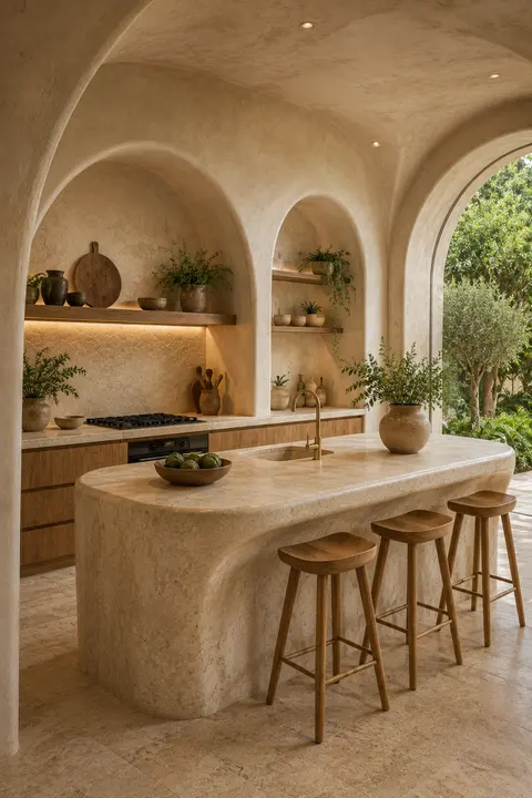 Organic Cave Kitchen with Curved Stone Island