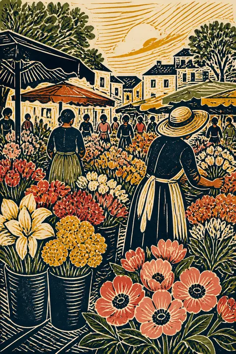 Linocut Print: Marketplace Filled with Flowers