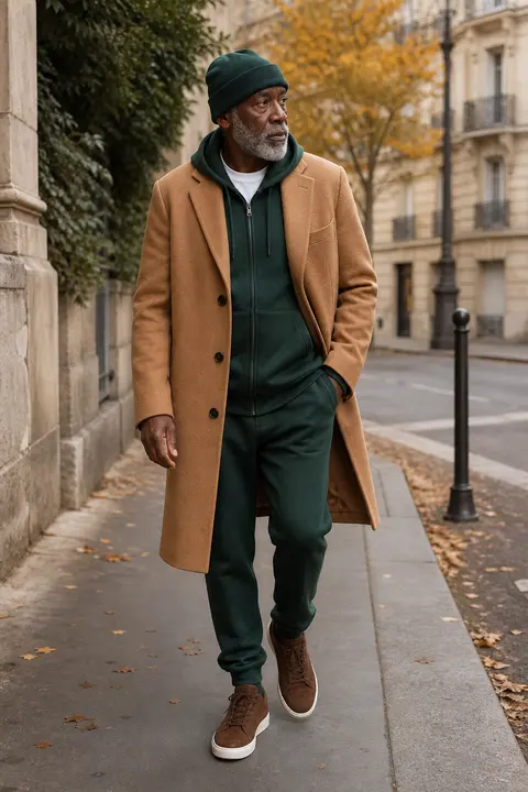 Camel Coat over a Forest Green Tracksuit