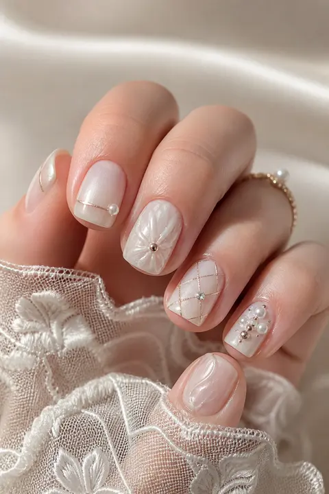 Short Square Nails with Milky Bridal Pearl