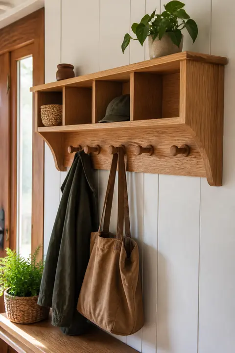 Wall-Mounted Oak Mudroom Rack